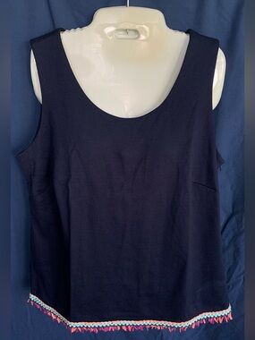 Buckley K size 14 Made in the USA Sleeveless Navy Tank with Colorful Fringe Trim